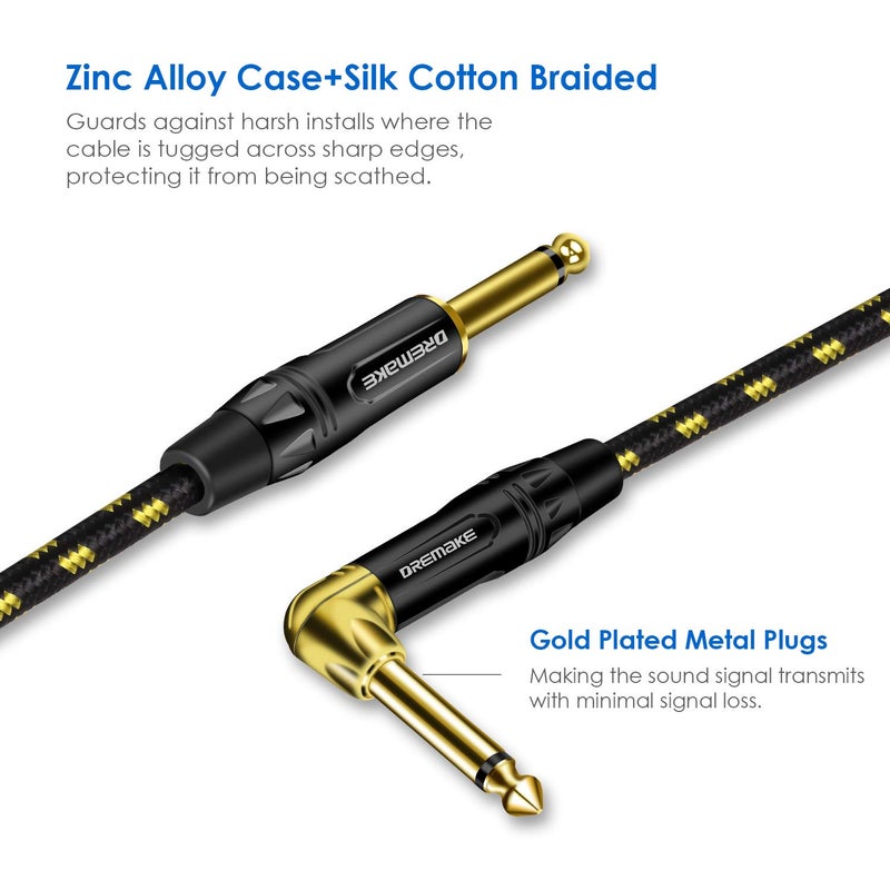 DREMAKE 1/4 Guitar Amp Straight to Right Angel Patch Cord, 25 Feet Quarter Inch Cable Black/Yellow Braided Tweed, Jack 6.35mm 1/4 Inch Guitar Cable for Electric Guitar, Bass, Keyboard to PA Certified - Image 3